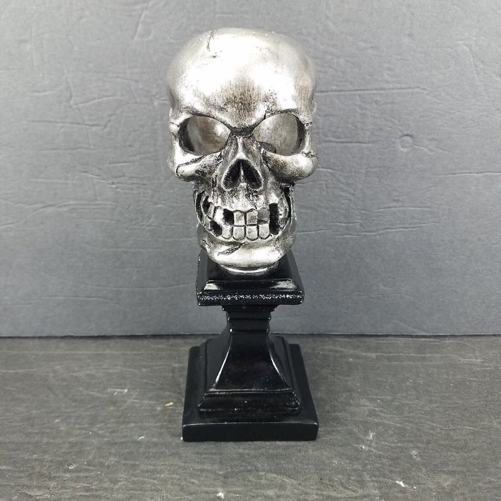 Skull On Pillar LED Tealight Holder Halloween Home Decor 9.5" Tall